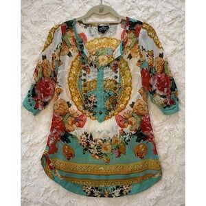 Angie Womens Small Floral Print Blouse Button Design Teal Pink White Gold